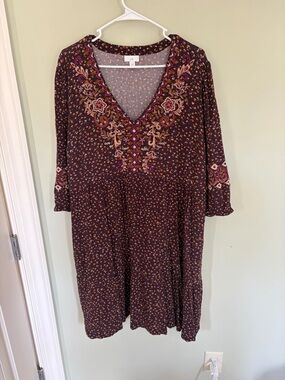 J. Jill Plum Floral Embroidered V-Neck Long Sleeve Dress